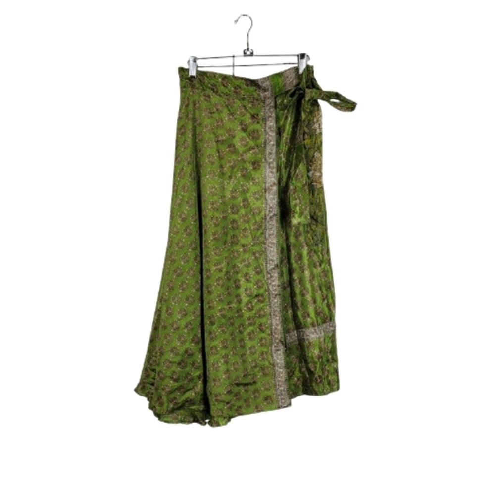 Green Floral Reversible Wrap Midi Skirt